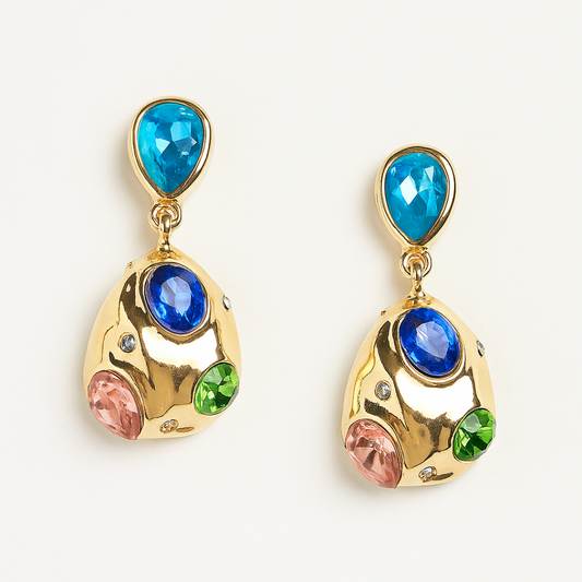 Gold-Tone Statement Earrings with Multi-Color Gemstones